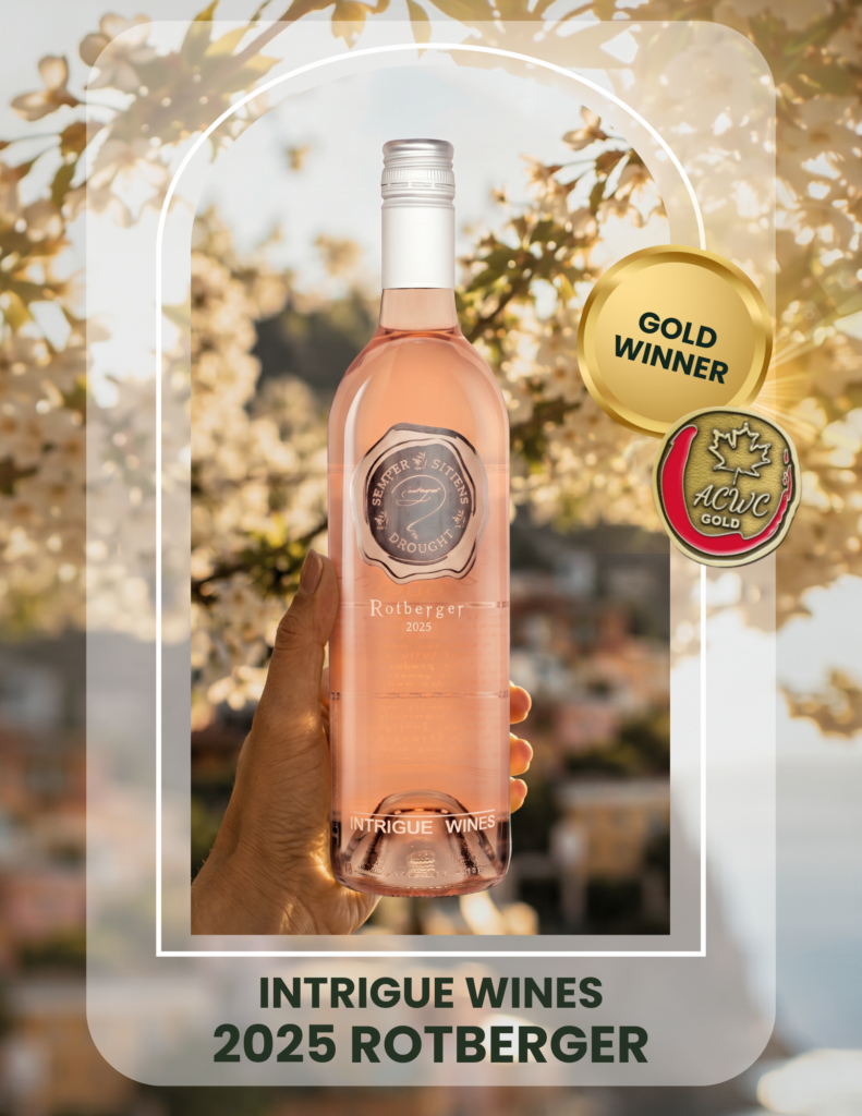 Bottle of Intrigue Wines Rotberger, a Gold Medal-winning Social Club exclusive wine produced in Lake Country, British Columbia.